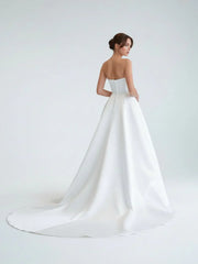 A Line Strapless White Satin Wedding Dresses with Slit