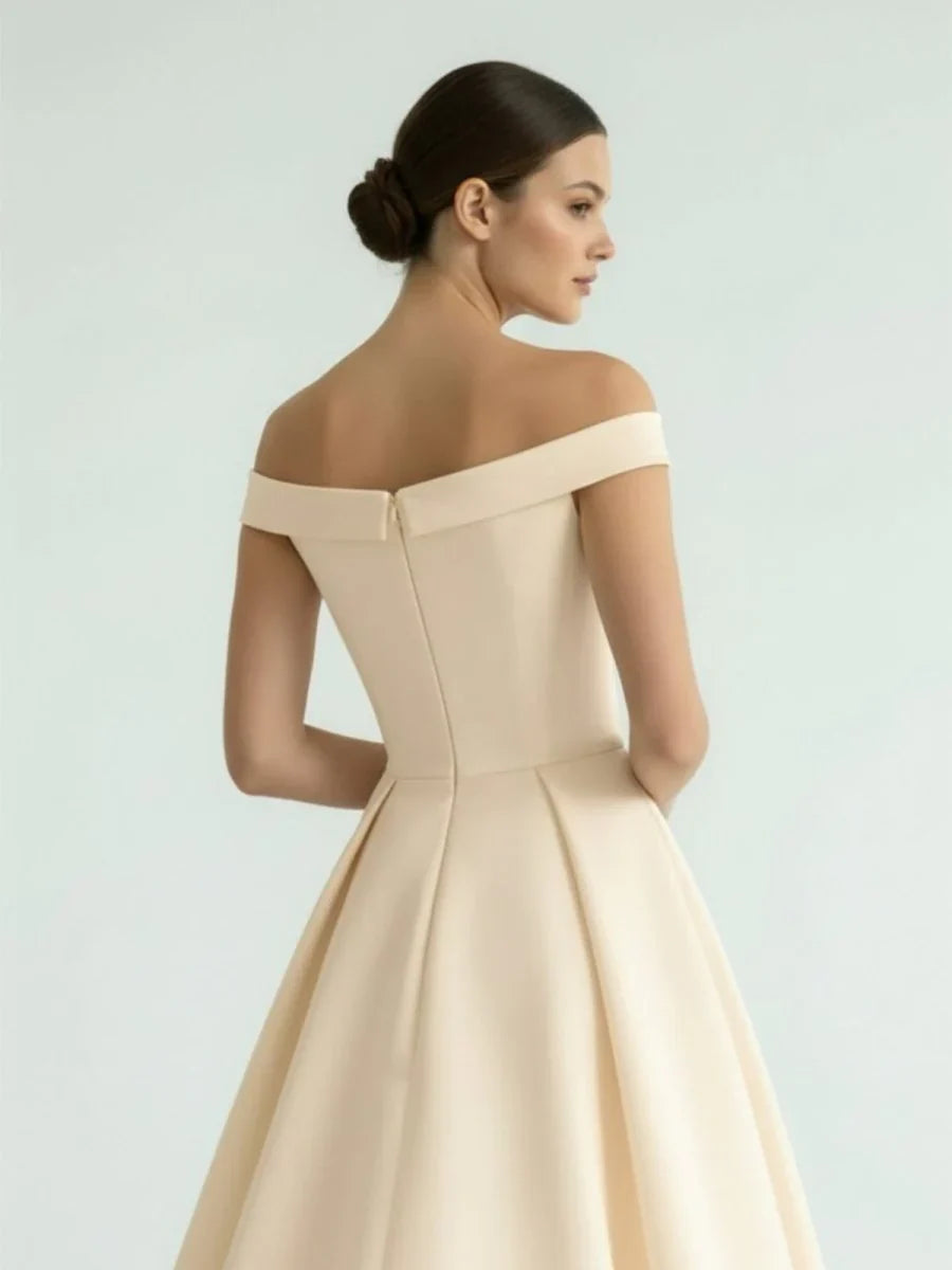 Sleeveless Tea Length Satin Wedding Dress With Sash And Off The Shoulder Neck