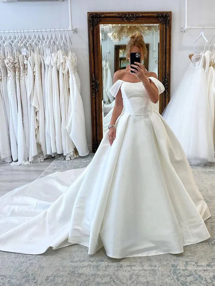 Elegant A Line Off the Shoulder White Satin Wedding Dresses