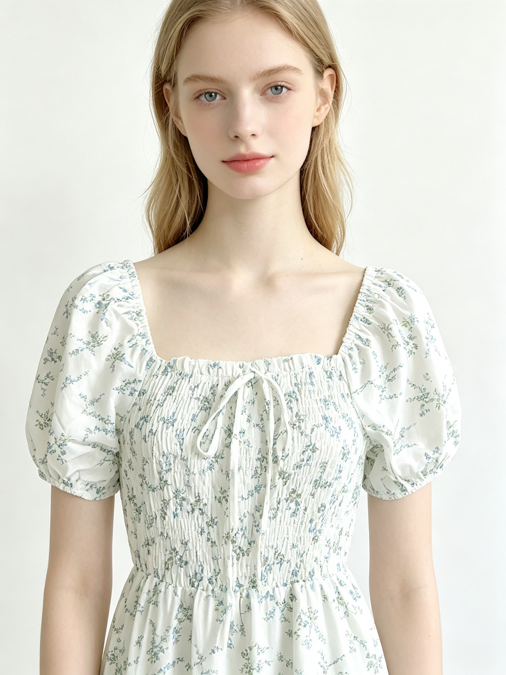 White Floral Puff Sleeve Midi Dress