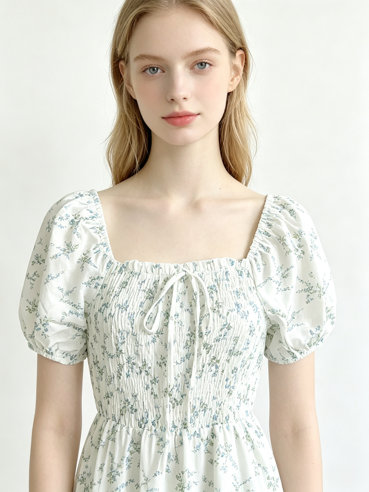 White Floral Puff Sleeve Midi Dress