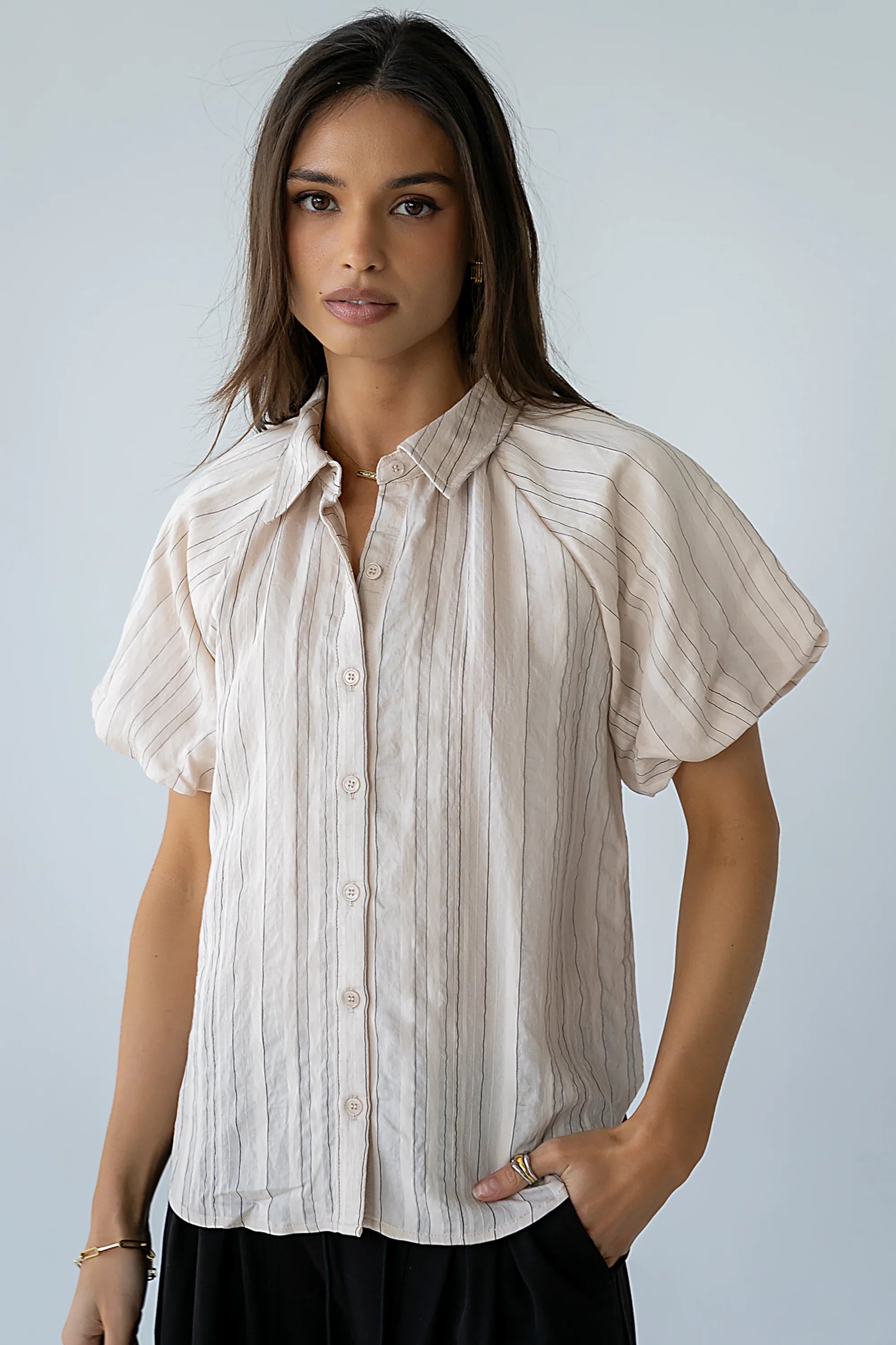 London Striped Button Up in Peach