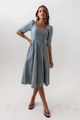 Paisley Smocked Midi Dress in Slate Blue FINAL SALE
