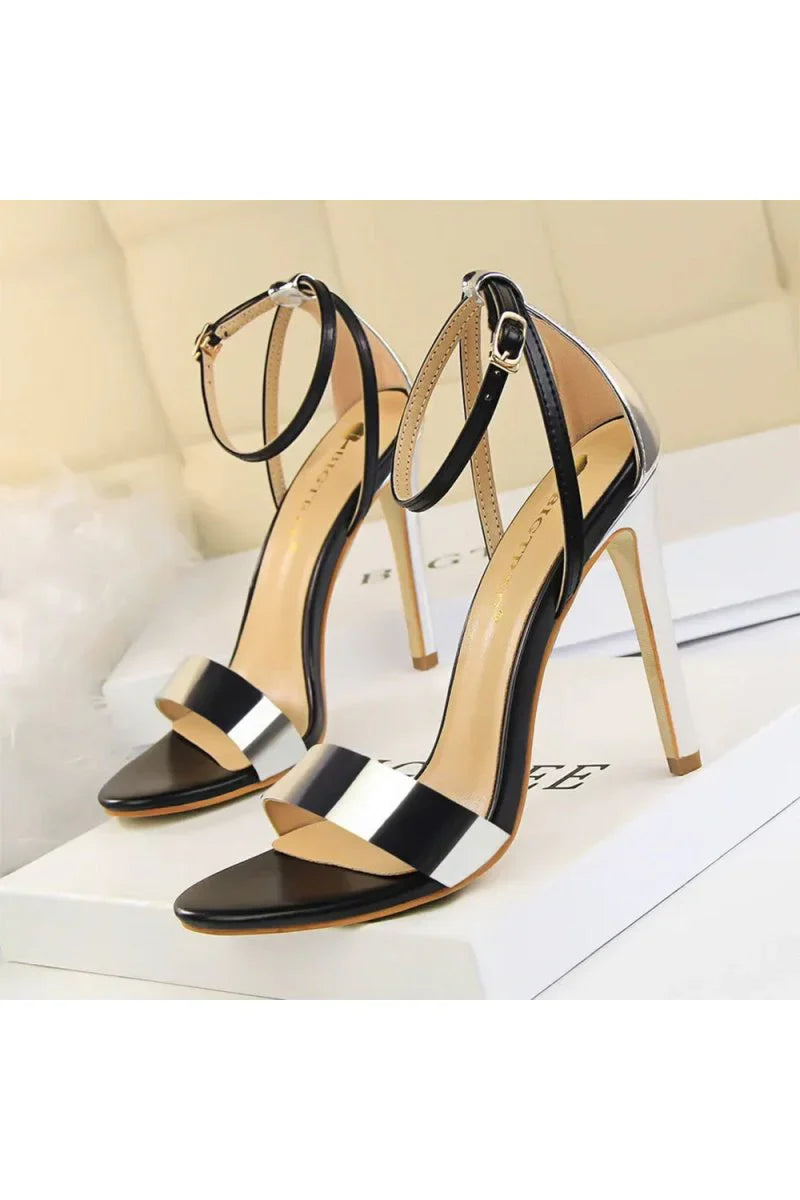Open Toe Ankle Strap Patent Leather Stiletto Heels