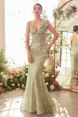 A1392 ONE SHOULDER FULLY BEADED FLORAL MOTIF GOWN GREENERY Andrea Leo