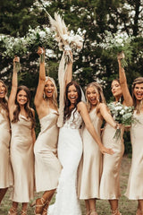 Spaghetti Straps Cowl Neck Tea Length Champagne Sheath Bridesmaid Dress