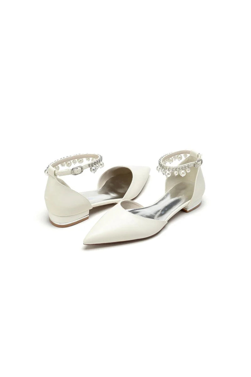 Pointed Toe Ankle Strap Pearl Beaded Low Heels