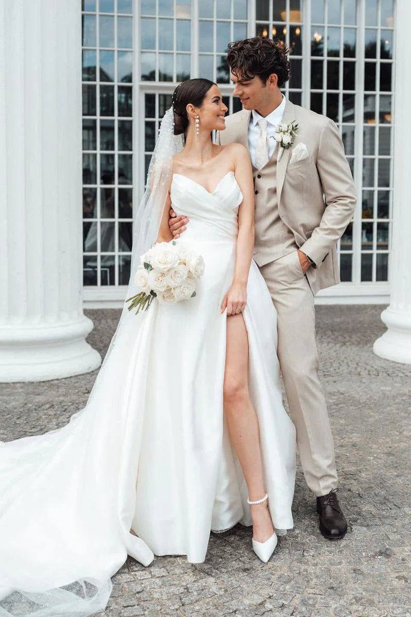 Elegant A Line Strapless White Satin Wedding Dresses With Slit
