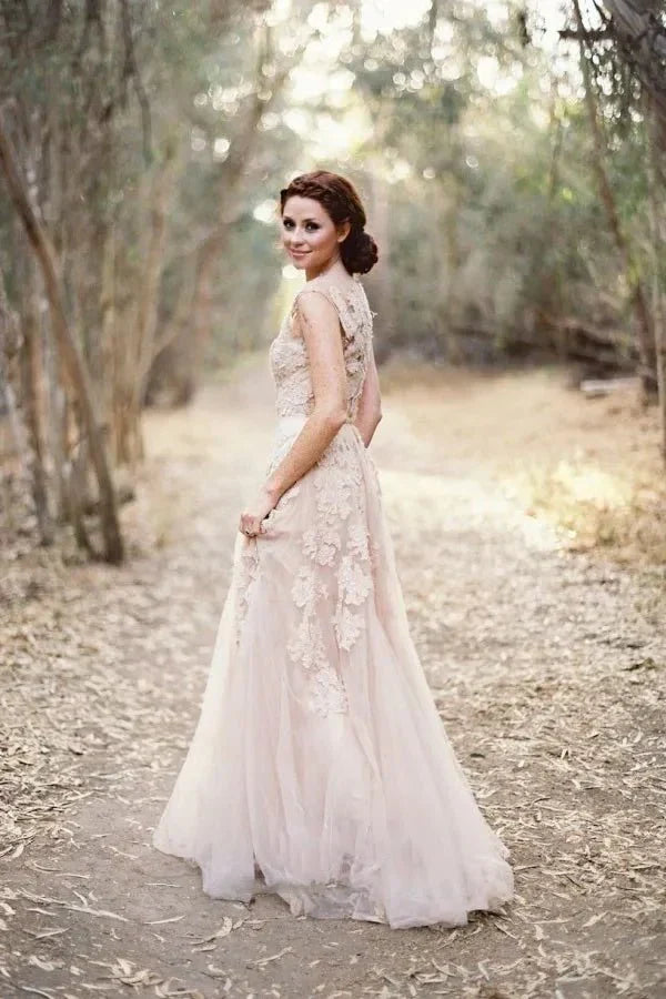 High Quality V neck Sleeveless Floor length Wedding Dress with Lace