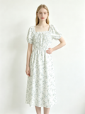 White Floral Puff Sleeve Midi Dress