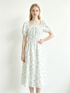 White Floral Puff Sleeve Midi Dress