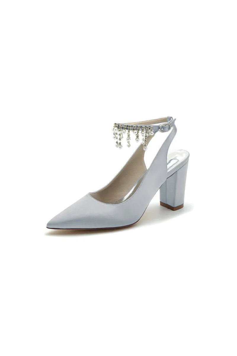 Pointed Toe Satin Chunky Heels With Pearl Tassel