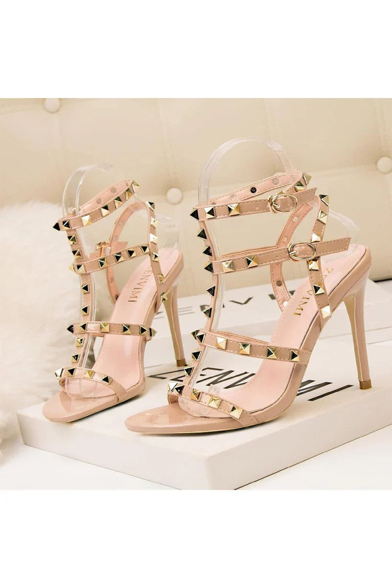 Studded Strappy Leather Open Toe High Heels