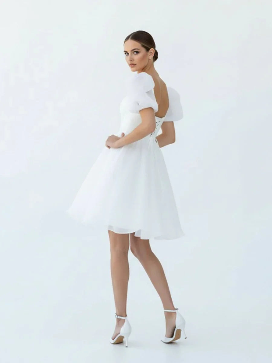 A Line Square Neck Short Wedding Dress With Puffy Pearls Sleeves
