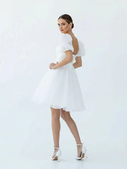 A Line Square Neck Short Wedding Dress With Puffy Pearls Sleeves