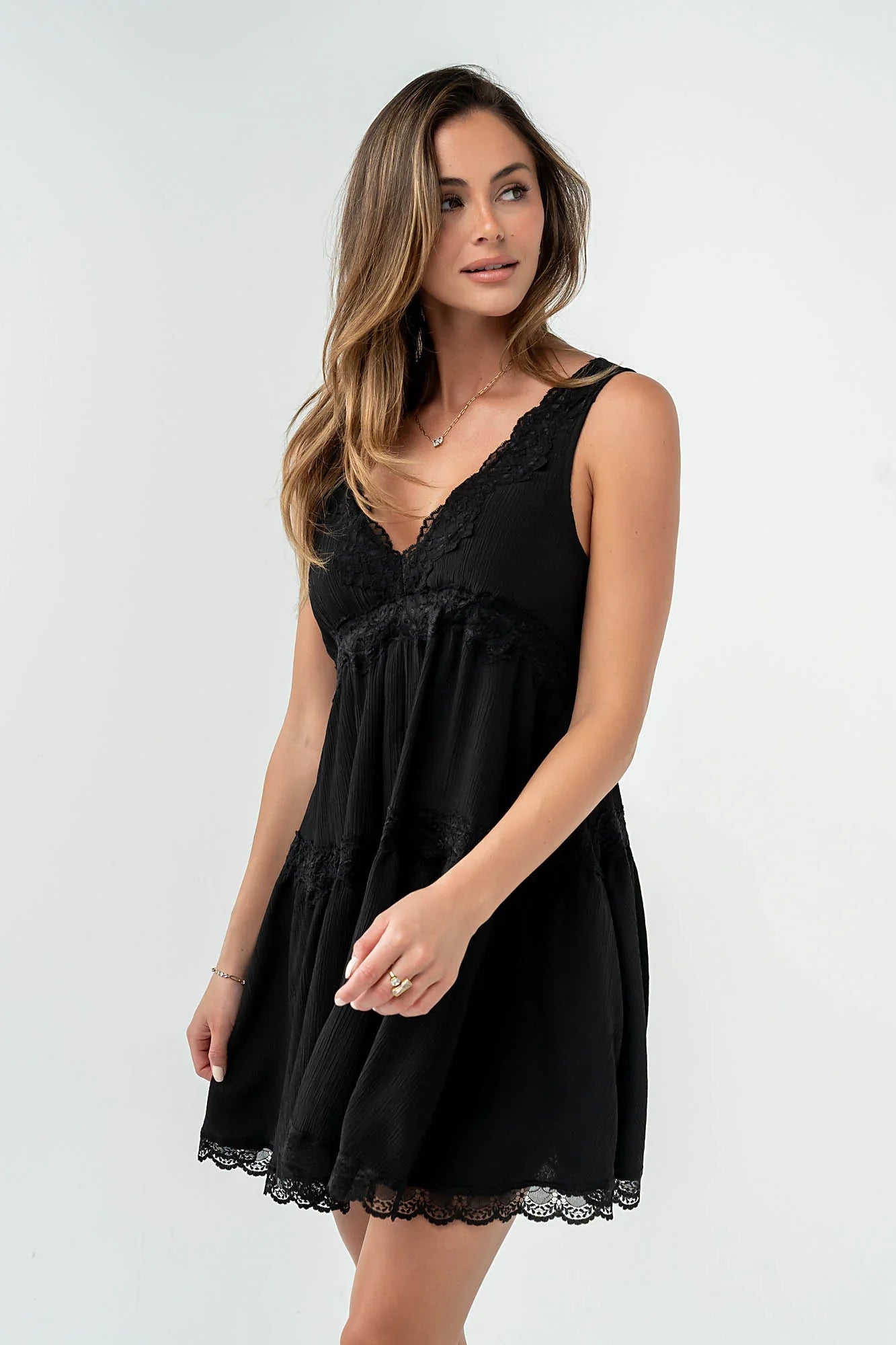 Quinny Lace Trim Mini Dress in Black