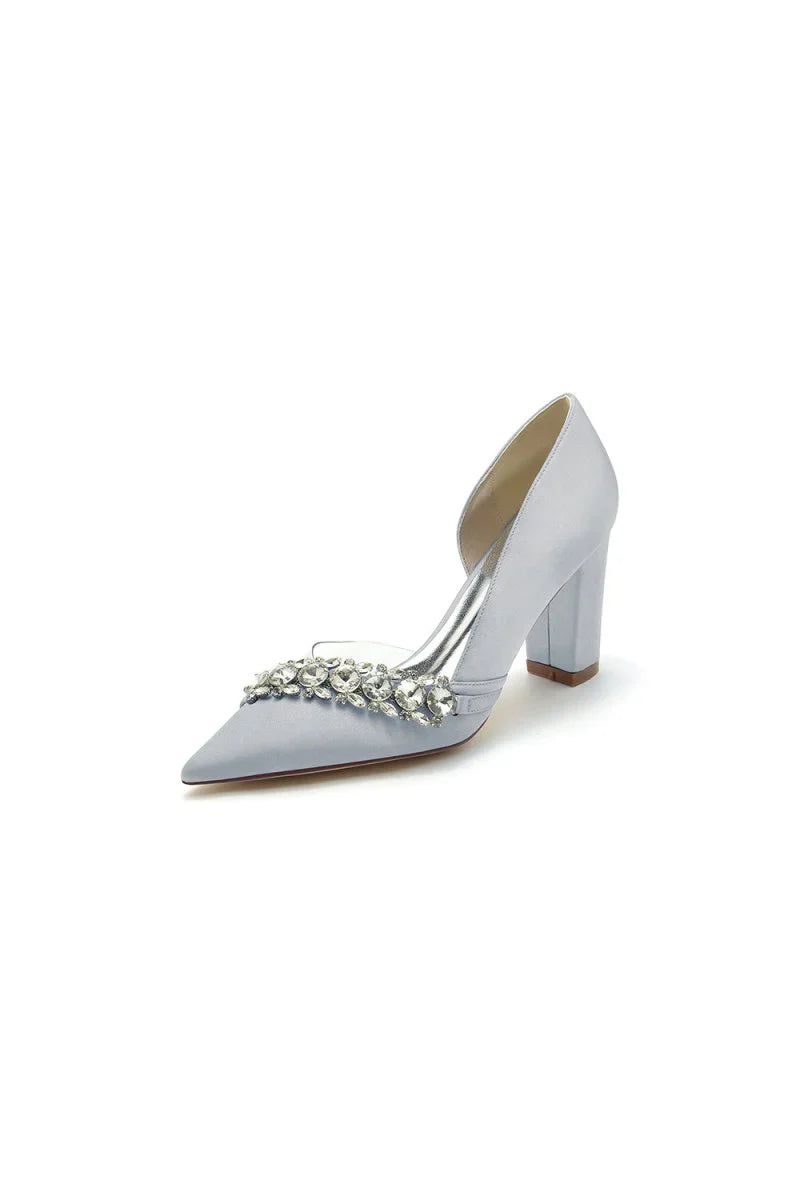 Chic Satin Pointed Toe Slip on Chunky Heels With Rhinestone