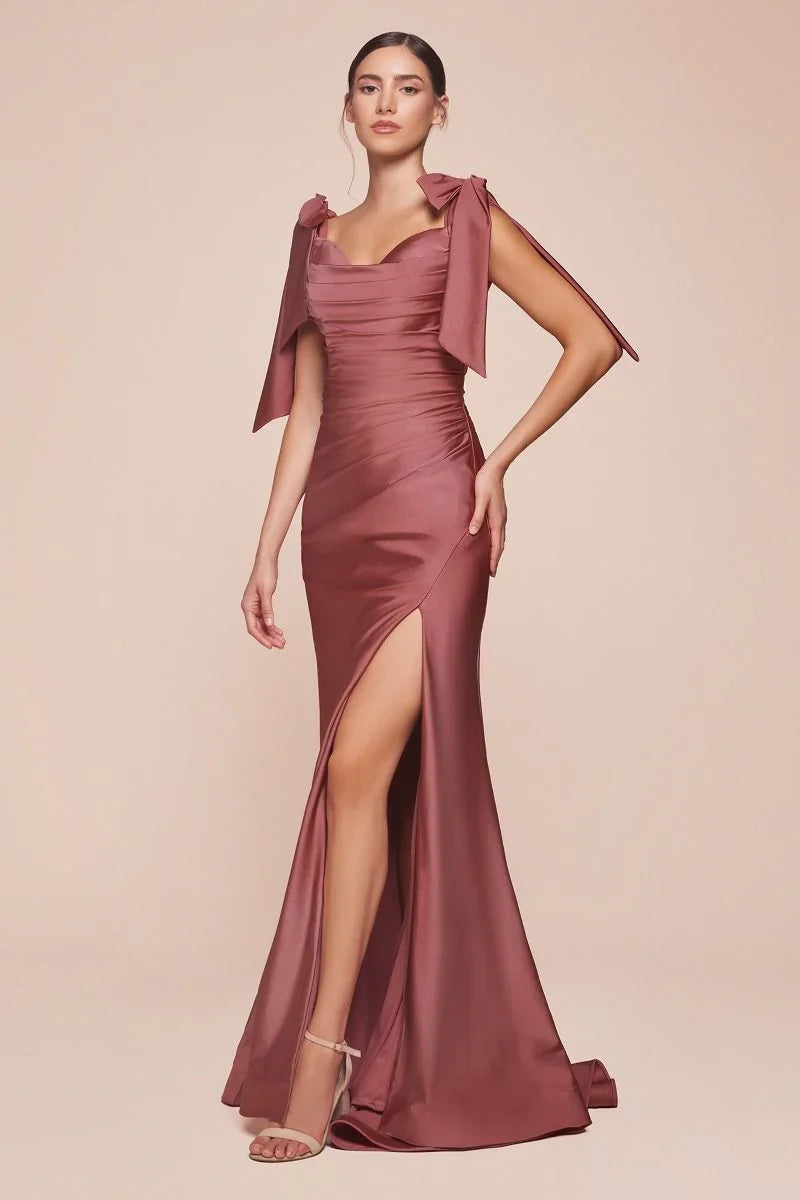 Amber Gown Off Shoulder Stretch Spandex Satin Dress With Ties