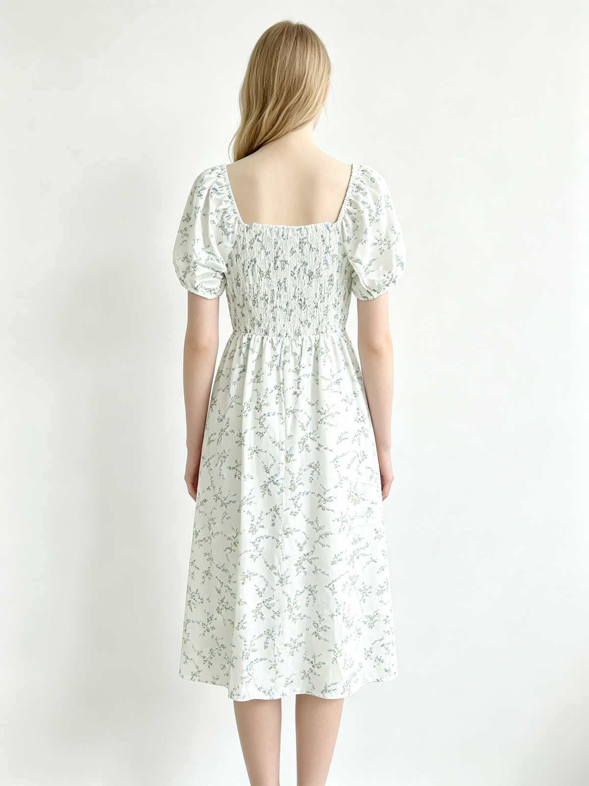 White Floral Puff Sleeve Midi Dress
