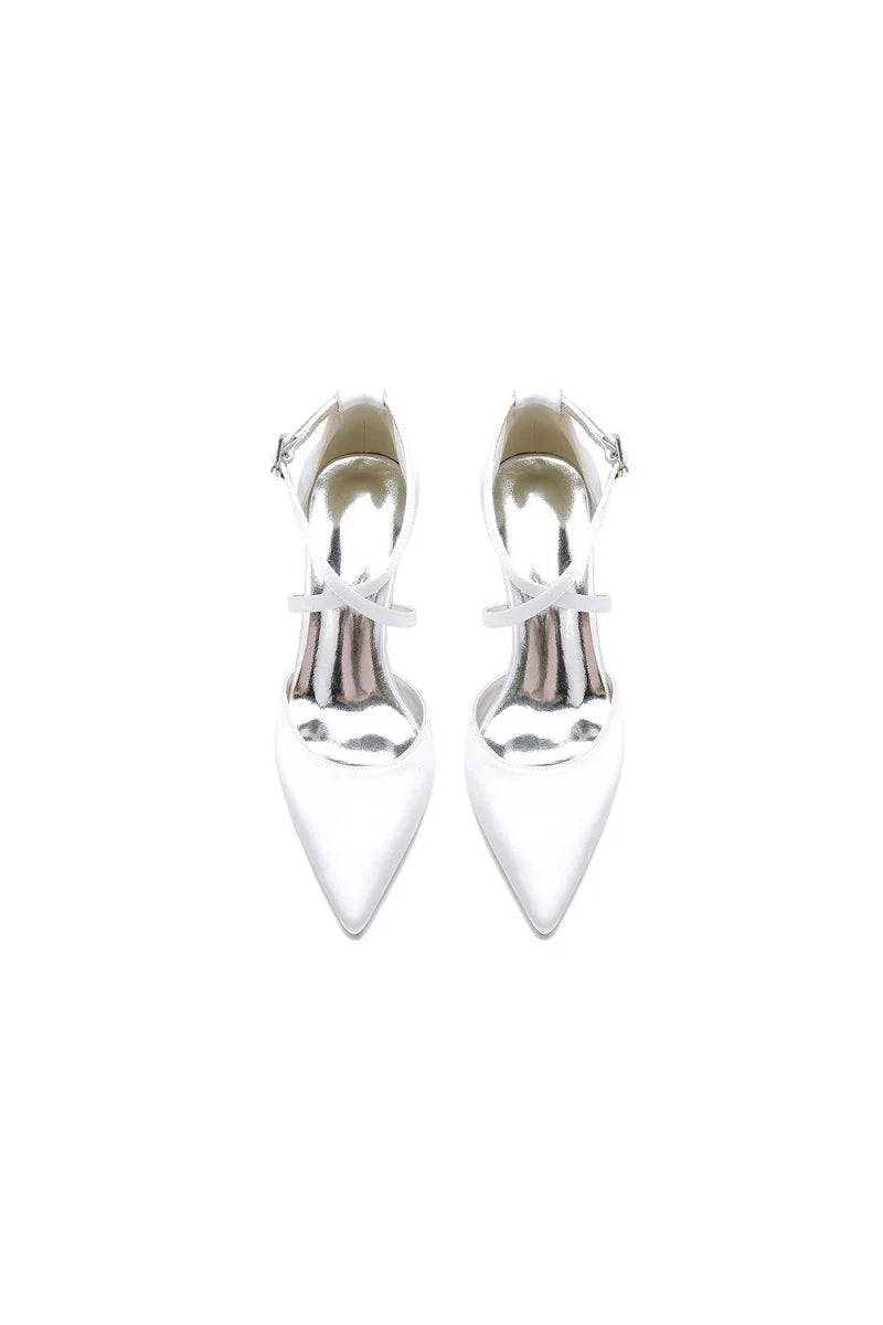 White Satin Pump with Cross Strap and Metal Accent