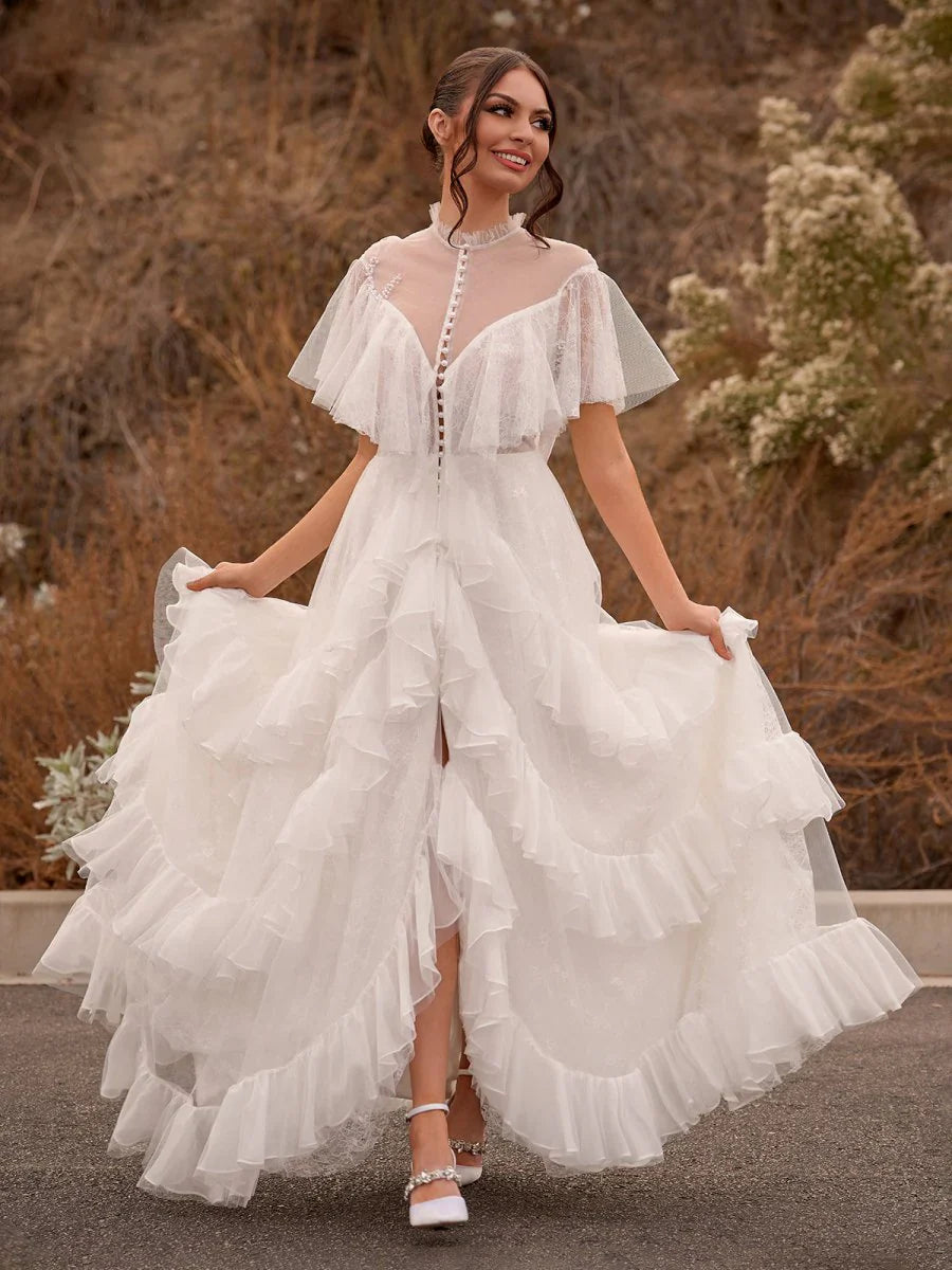 High Split A Line See through Short Sleeves Ruffle Tulle Wedding Dresses