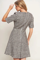 ELEGANT CHECK BROWN TWEED MINI DRESS