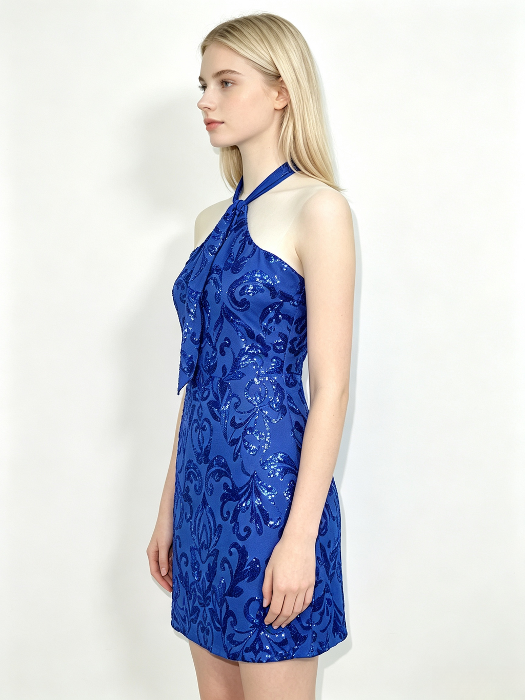 Royal Blue Sequin Halter Bodycon Mini Dress