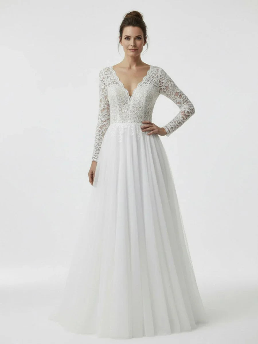 Bohemian Long Sleeves Lace Button Back A Line Modest Wedding Dresses