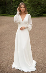 A Line Floor Chiffon Long Sleeve Wedding Dress with Sequins and Train