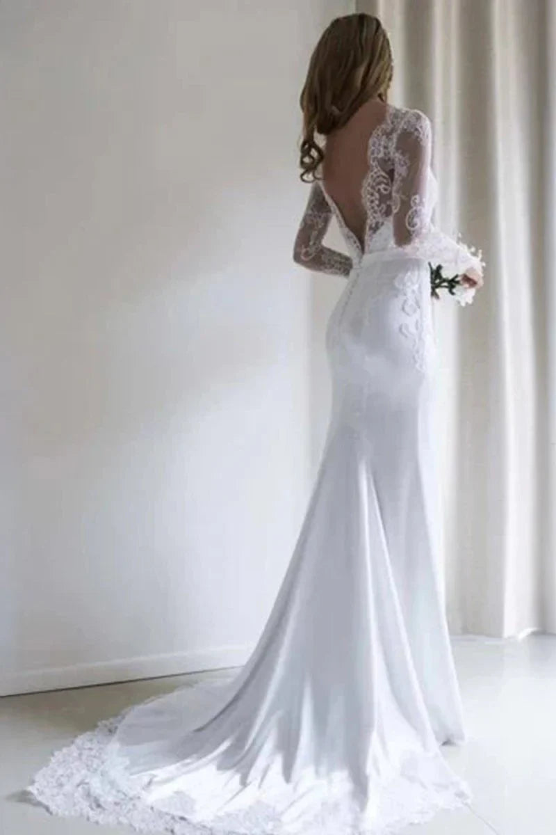 Bateau Lace Long Sleeve Sheath Chiffon Wedding Dress With Sweep Train