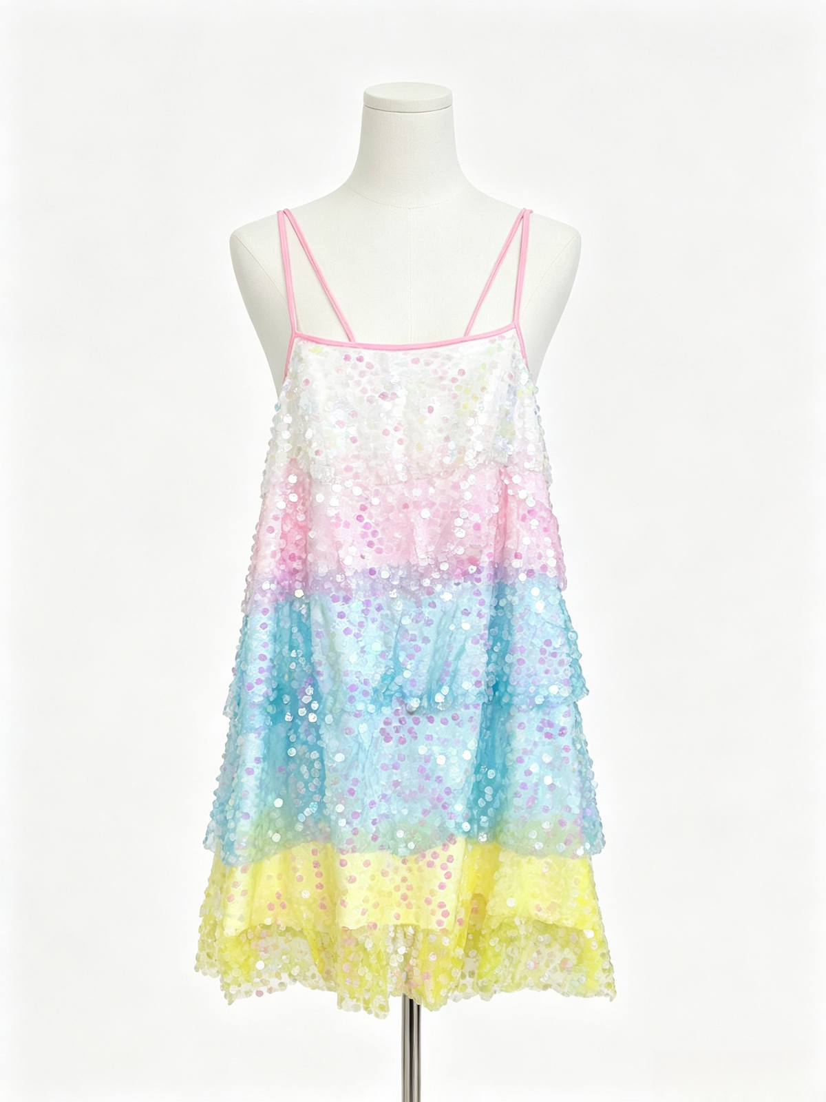 Rainbow Sequin Tiered Tie Back Mini Dress
