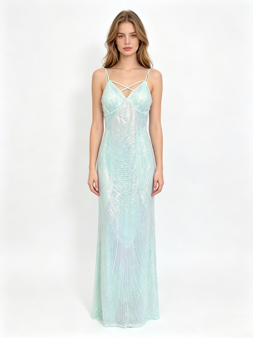 Mint Sequin Crisscross Back Maxi Dress