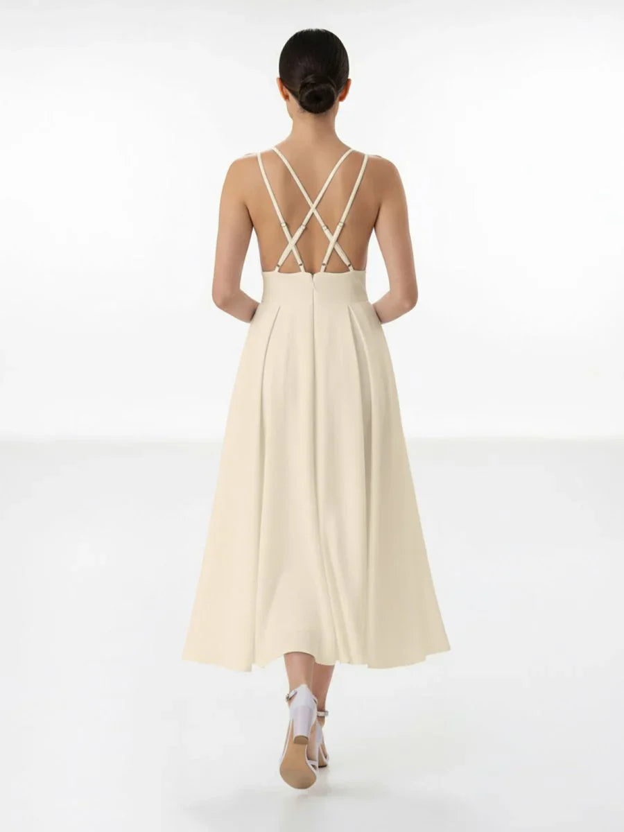 A Line V Neck Sleeveless Satin Knee Length Wedding Dress
