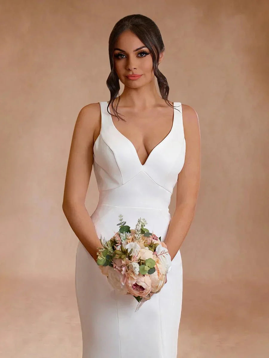 Ivory Plunge V Open Back Mermaid Long Wedding Dress
