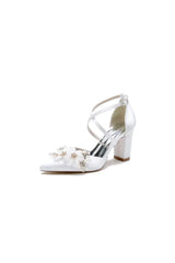 Pointed Toe White Chunky Heels with Flower