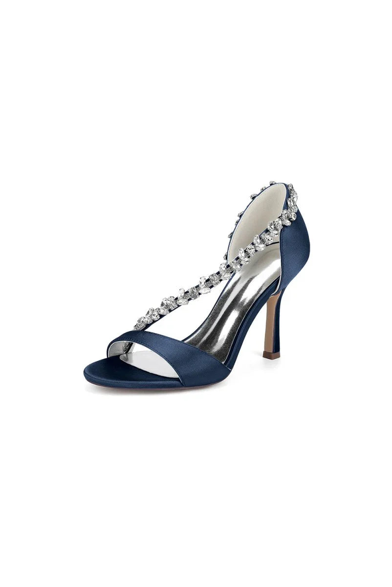 White Satin High Heels with Crystal and Chain Embellishments