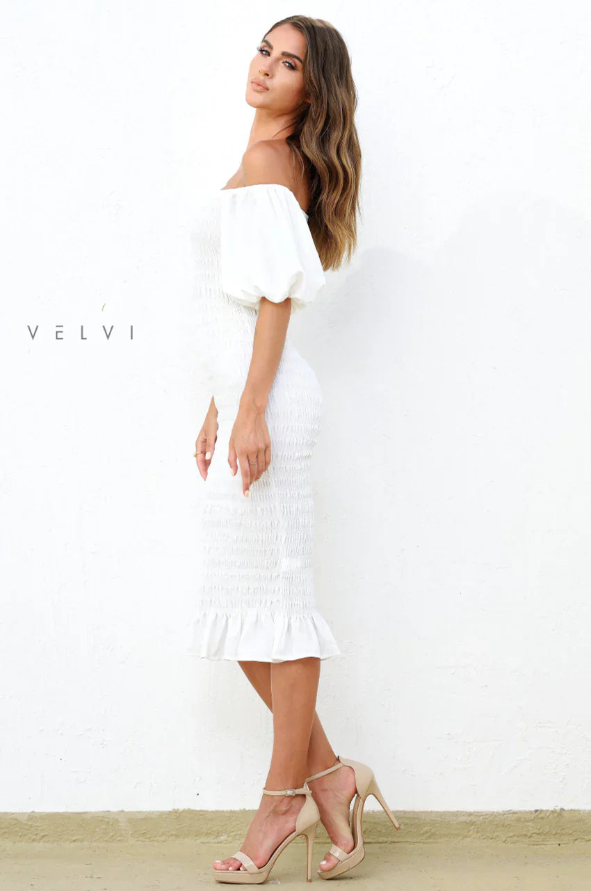 Skyla Shirred Midi Dress WHITE