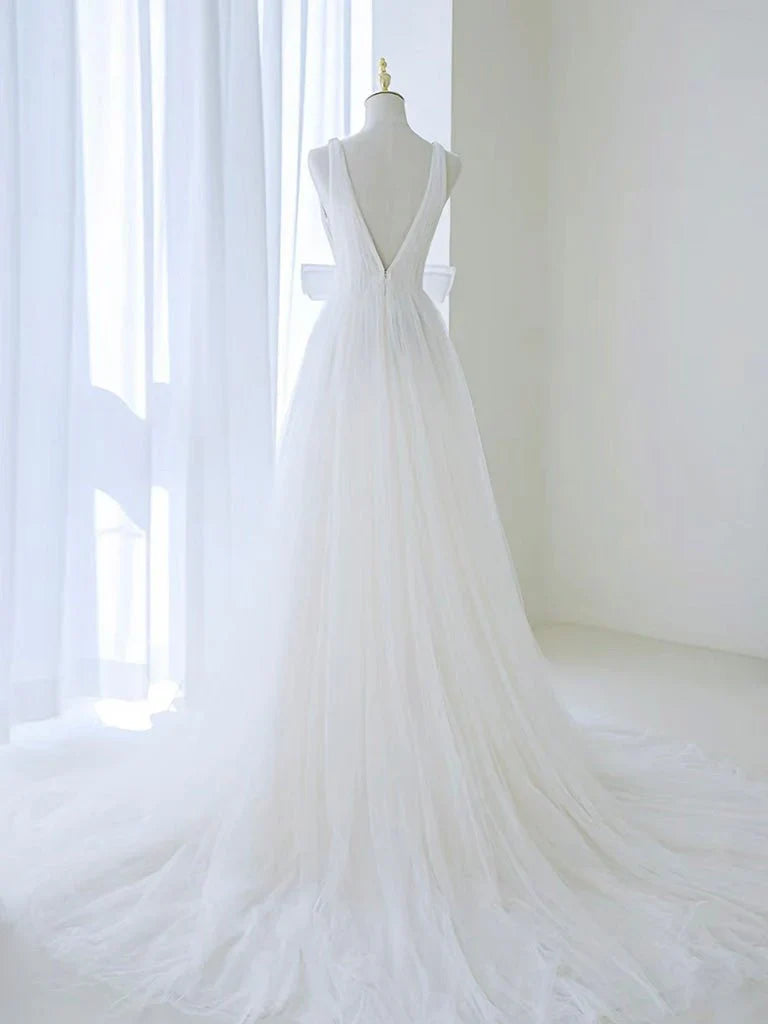 A Line V Neck White Tulle Long Wedding Dress with Bow