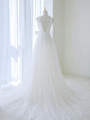 A Line V Neck White Tulle Long Wedding Dress with Bow