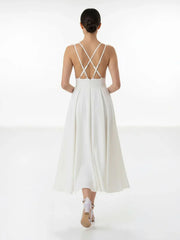 A Line V Neck Sleeveless Satin Knee Length Wedding Dress