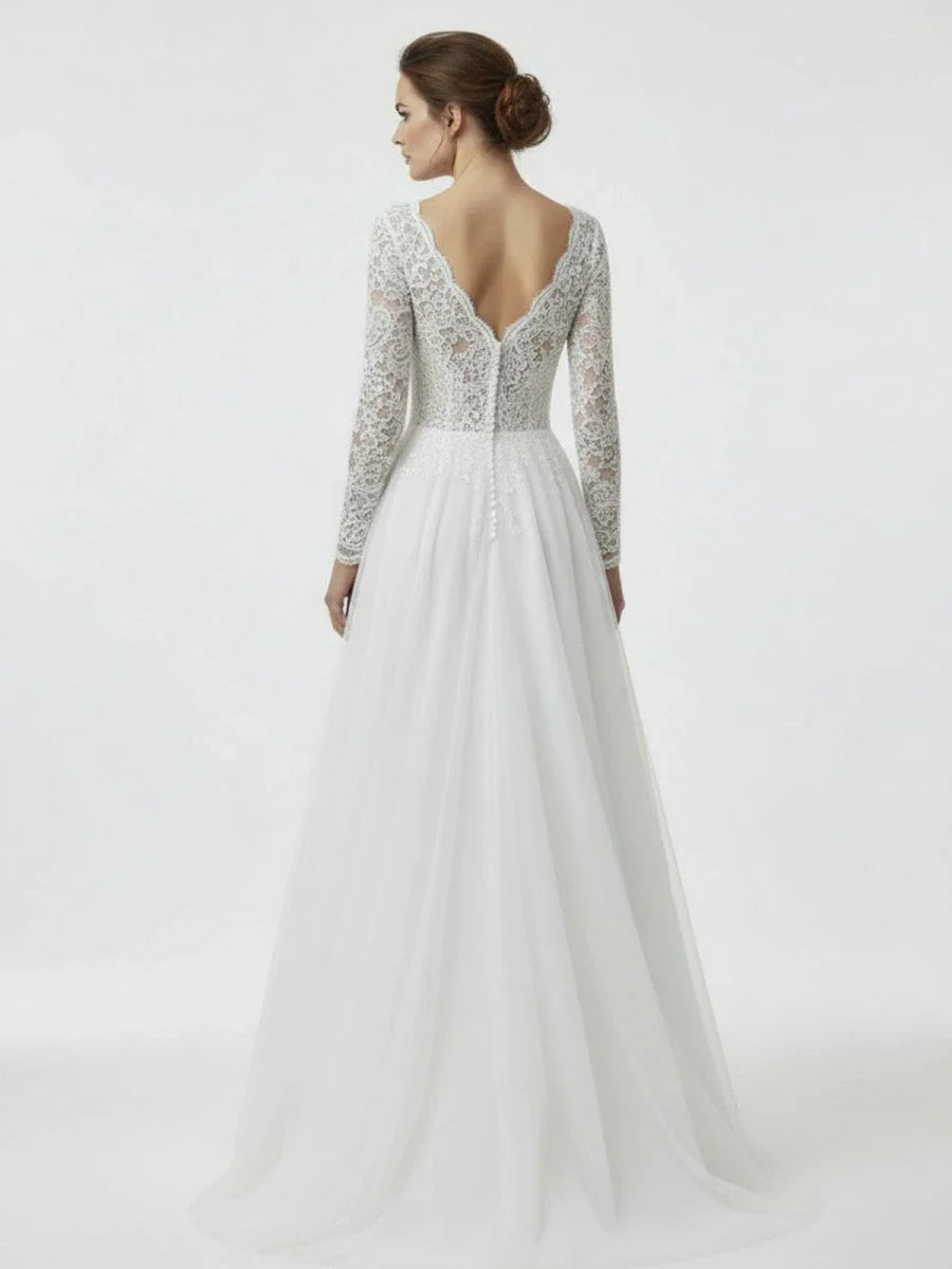 Bohemian Long Sleeves Lace Button Back A Line Modest Wedding Dresses