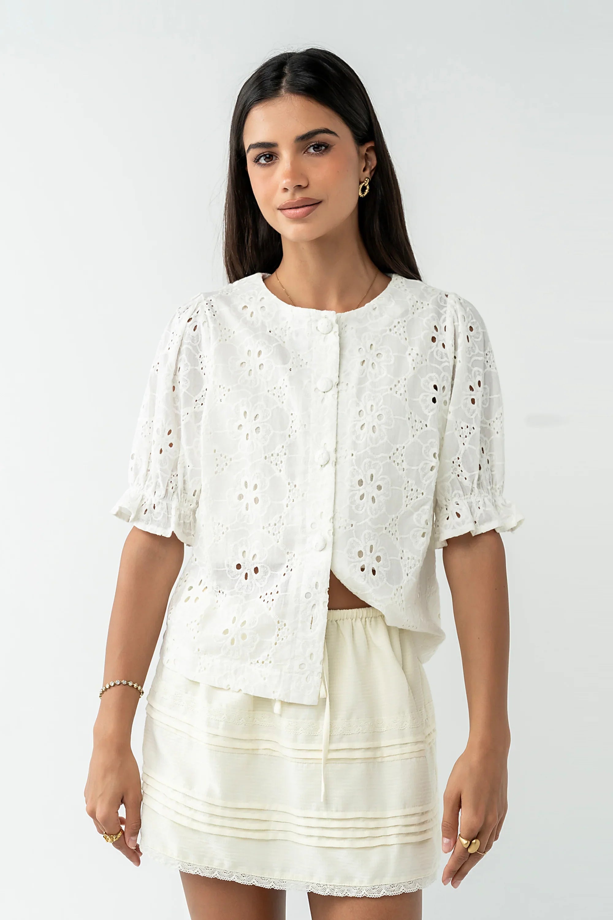 Cassidy Embroidered Button Up in Ivory