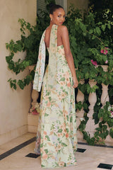 MEADOWS GOWN STRAPLESS A LINE SAGE FLORAL CHIFFON GOWN WITH SCARF