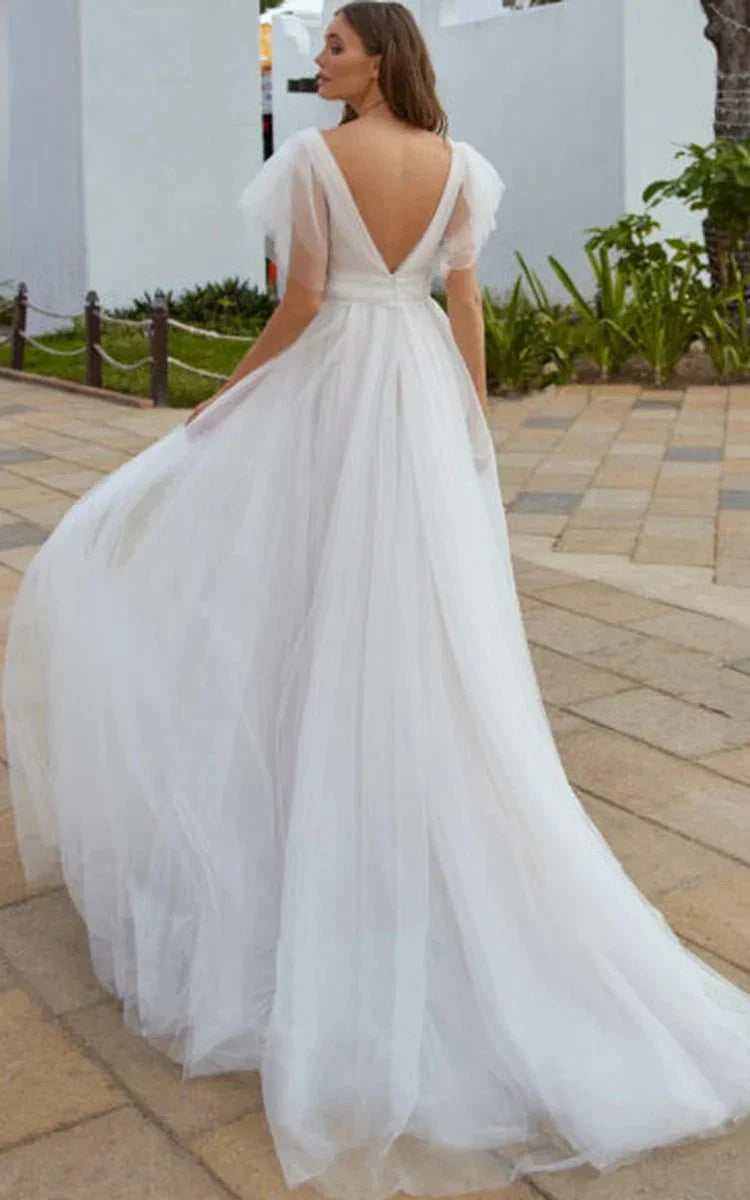Casual Beach A Line Tulle Wedding Dress With V neck And Low V Back