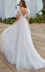 Casual Beach A Line Tulle Wedding Dress With V neck And Low V Back