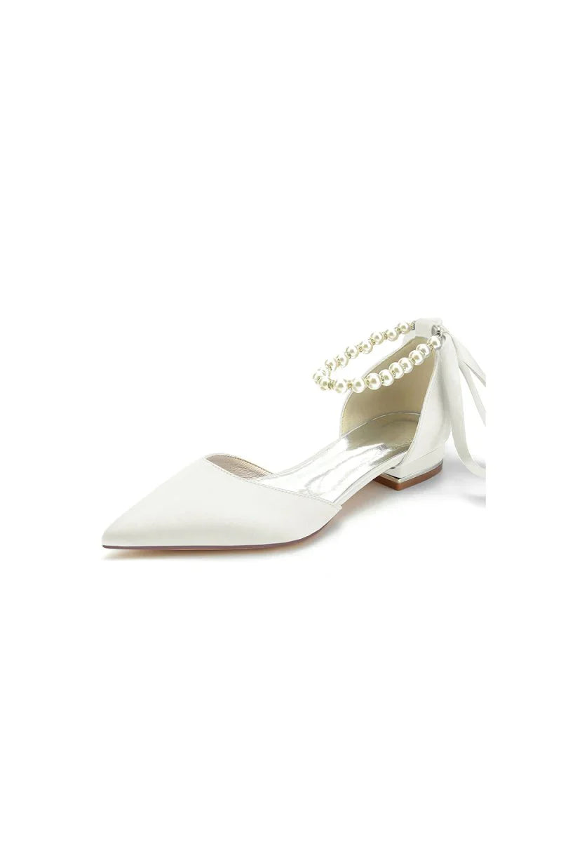 Pearl Ribbon Pointed Toe Ankle Strap Kitten Heels