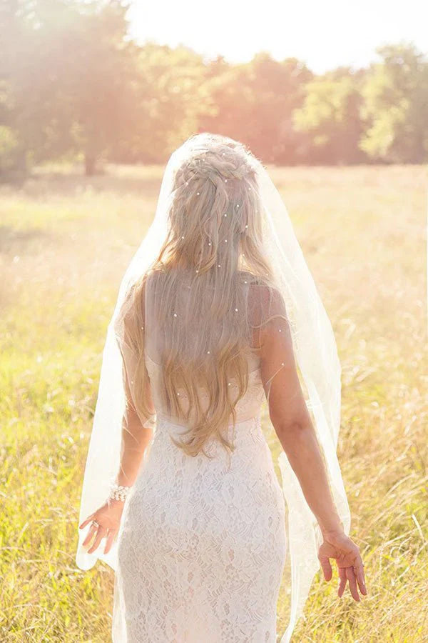 Vintage Tulle With Pearls Short Wedding Veil