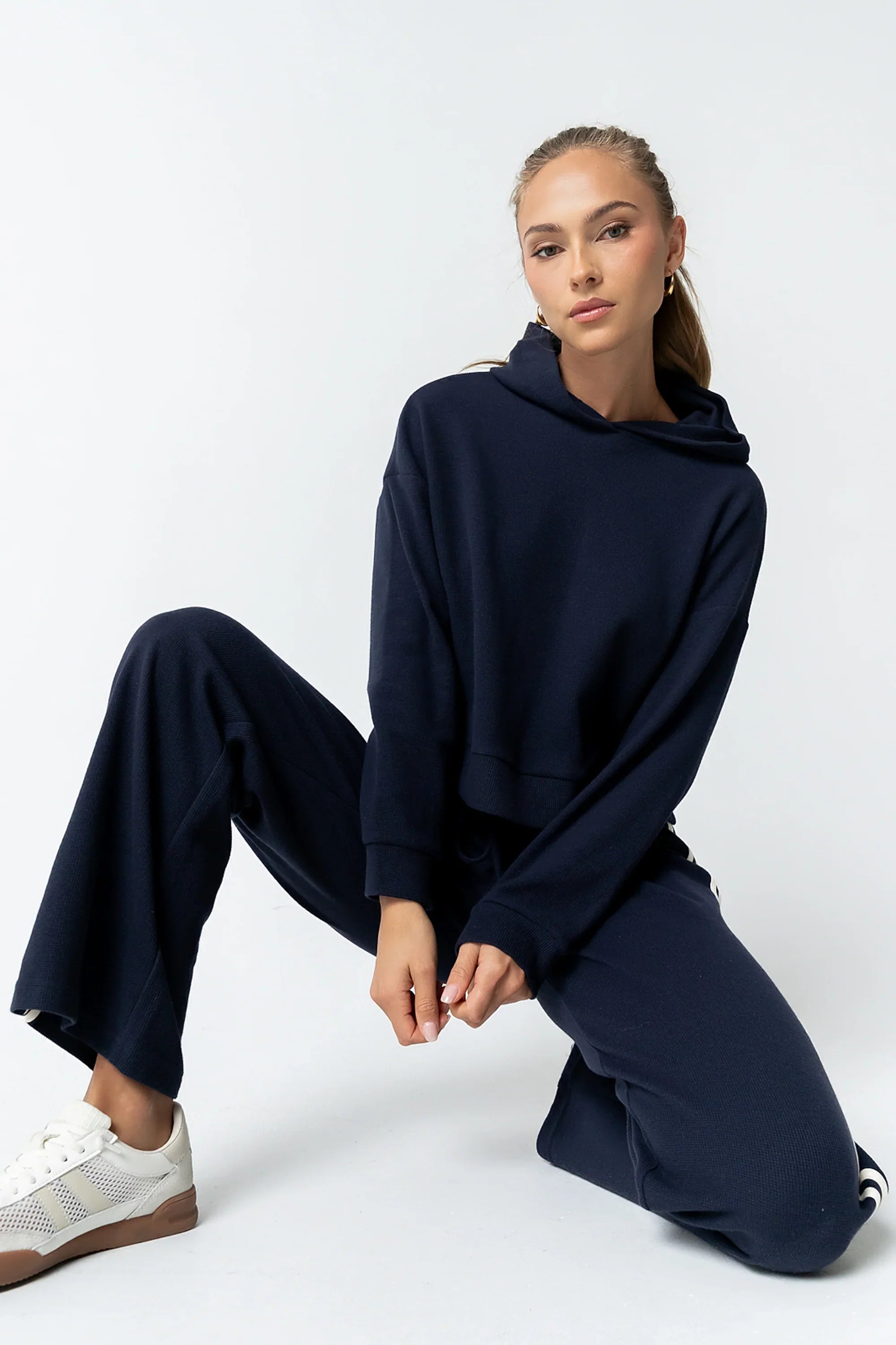 Kourtney Waffle Knit Hoodie in Navy