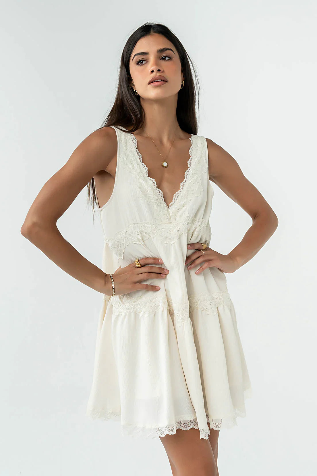 Quinny Lace Trim Mini Dress in Cream