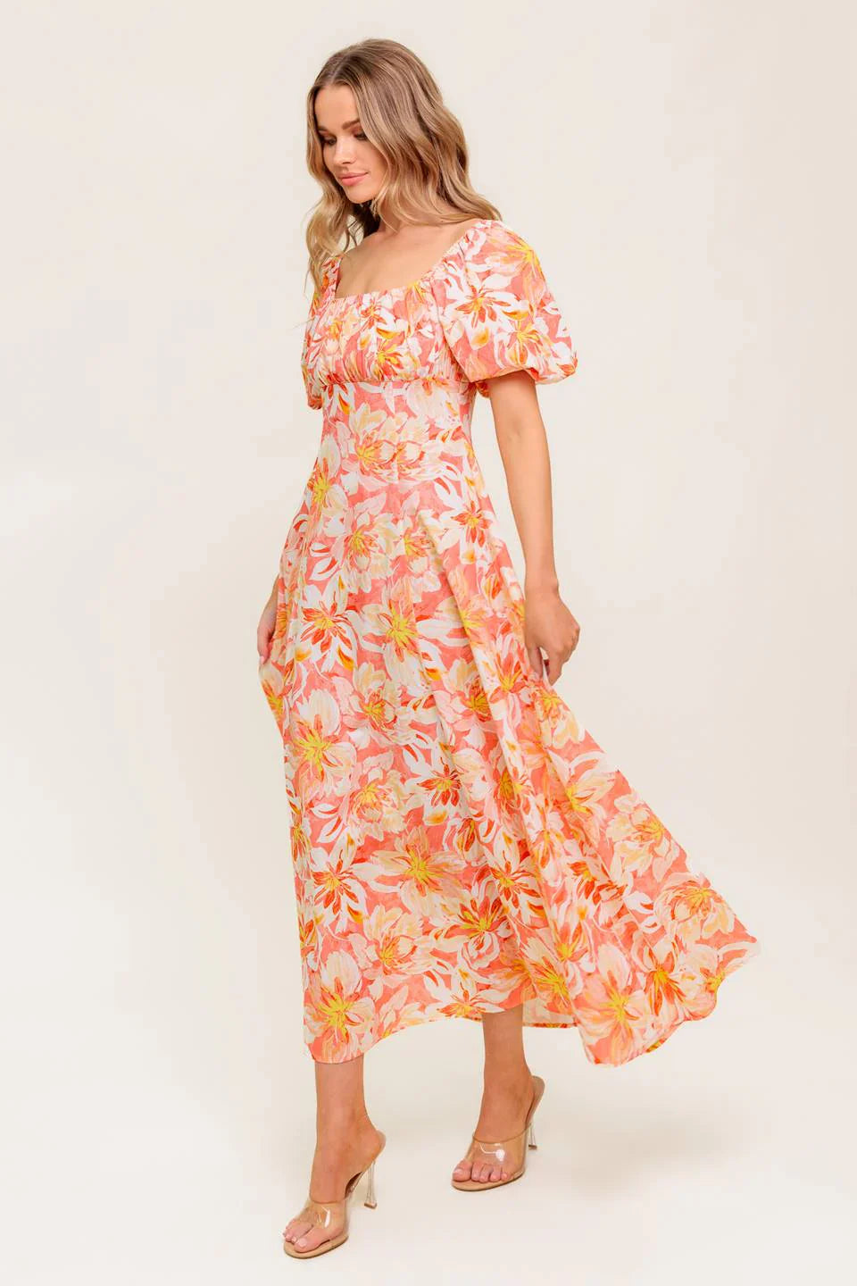 ISLAND FLOWERS PUFF SLEEVE MIDI DRESS CORAL